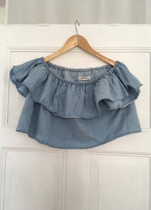 Crop Top Bluse Jeansbluse mit Volants