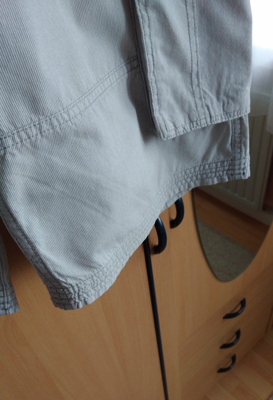 Hellgraue gestreifte Stoff Shorts Cargoshorts Review L Herren 