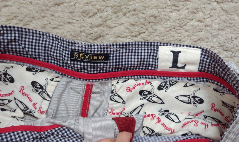 Hellgraue gestreifte Stoff Shorts Cargoshorts Review L Herren 
