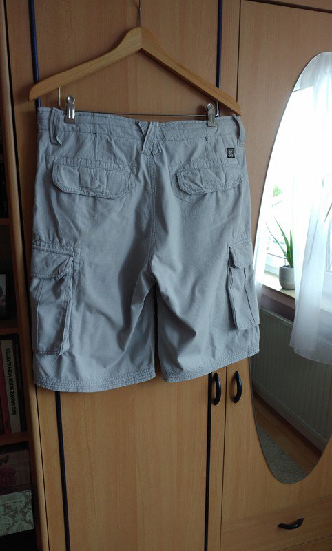 Hellgraue gestreifte Stoff Shorts Cargoshorts Review L Herren 