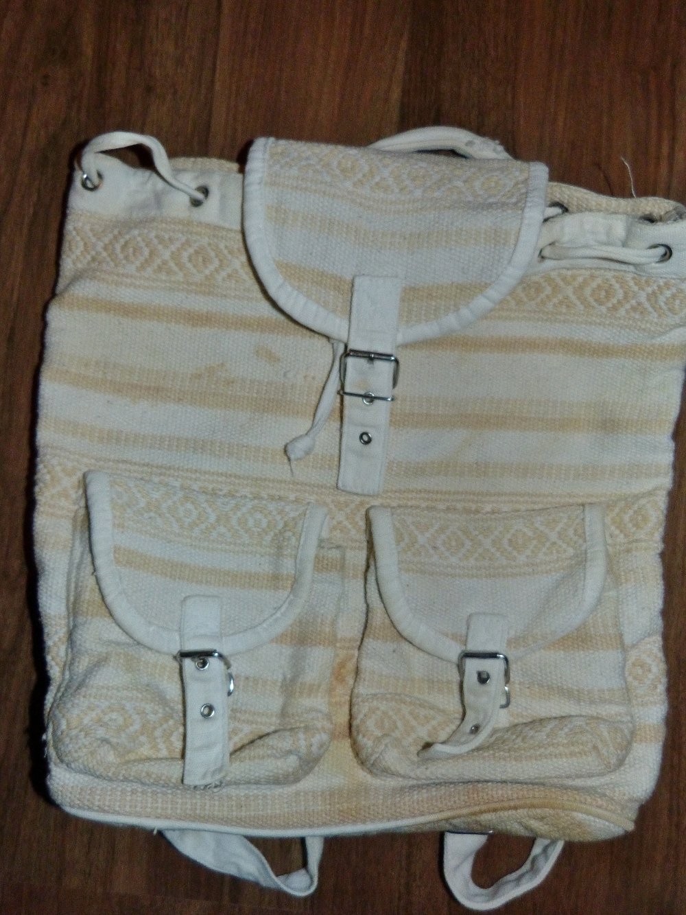Stoffrucksack beige, mit zwei Vordertaschen, Vintage, Ethno