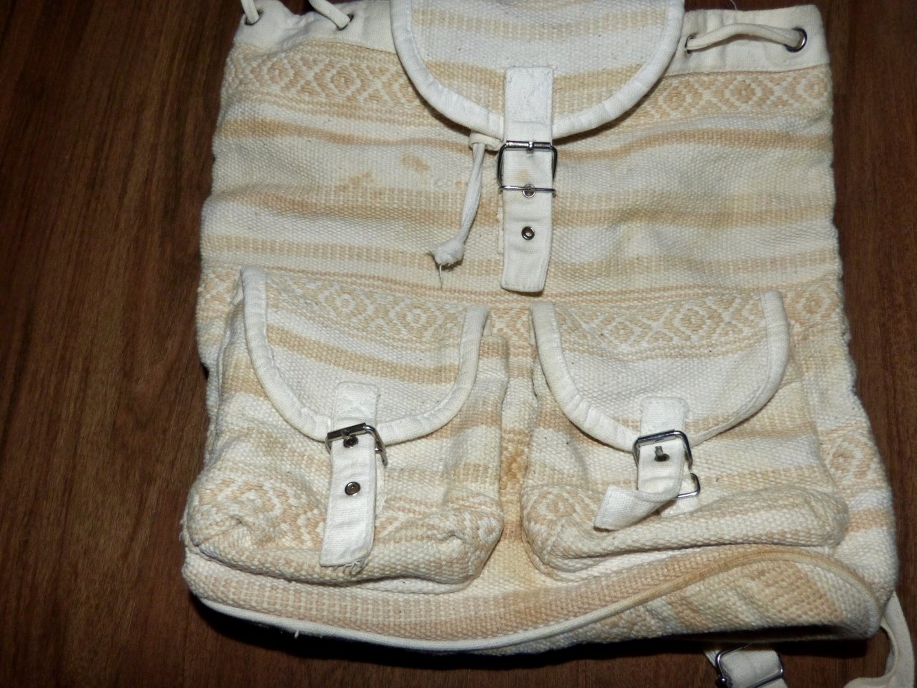 Stoffrucksack beige, mit zwei Vordertaschen, Vintage, Ethno