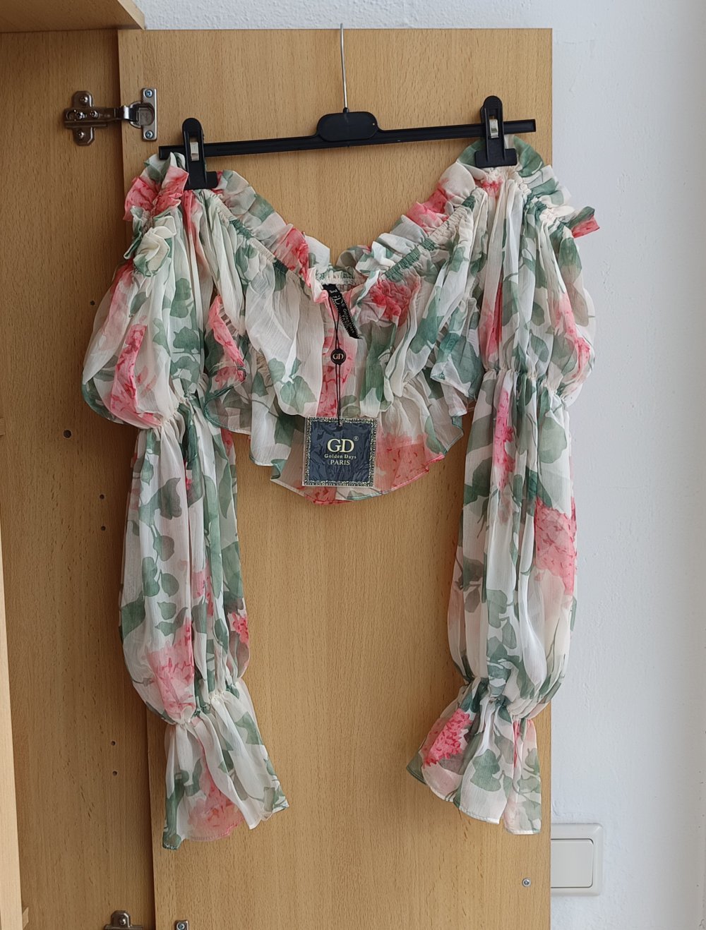 Insta Blogger süße Chiffon Grop Top Bluse Rüschen grün rose Blumen geblümt gr. 34 XS,36 S,38 M NEU mit Etikett