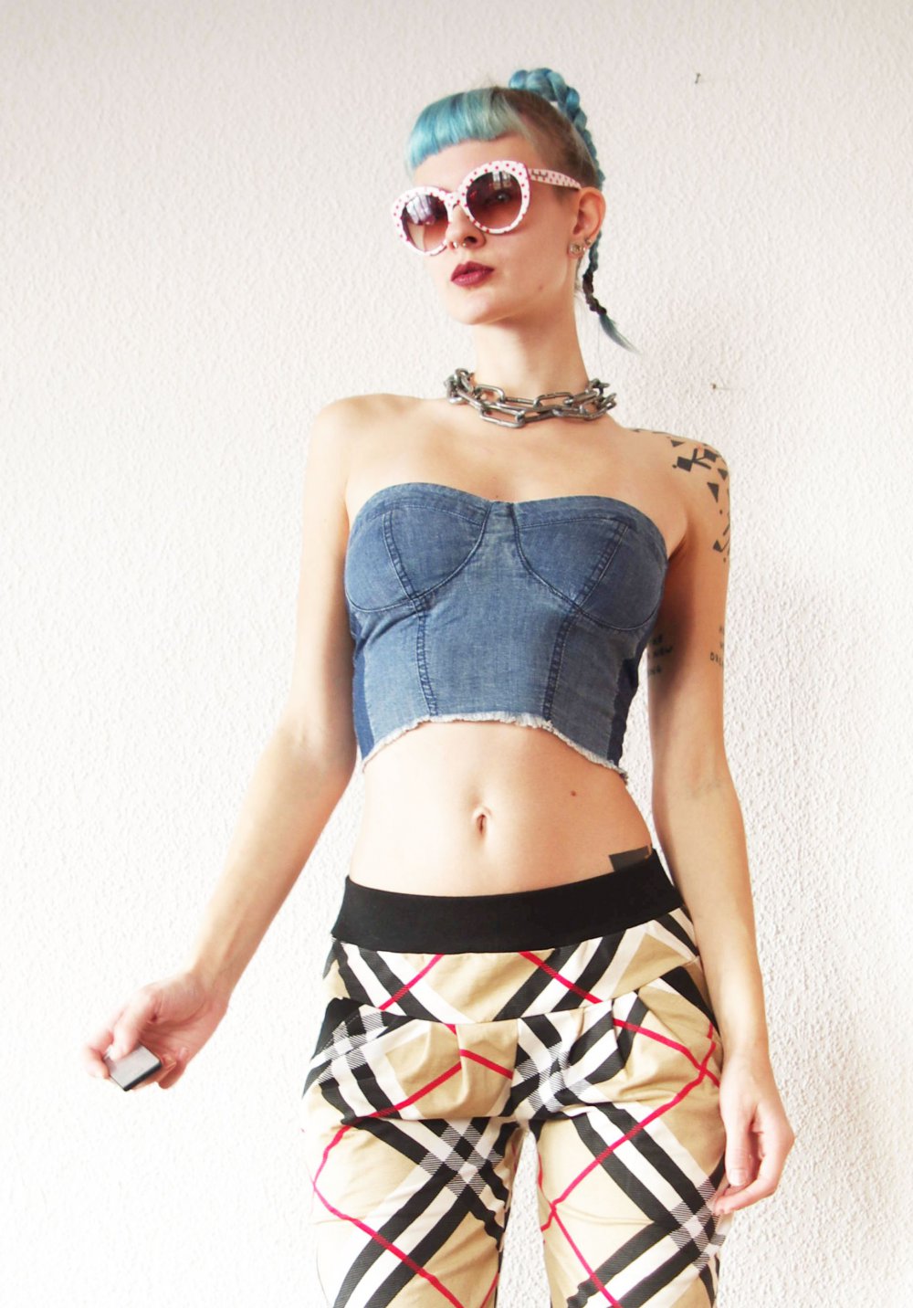 Technobarbie Jeans Croptop Gr. M 38 40 bauchfrei Bustier Bralet Dollskill Nasty Gal