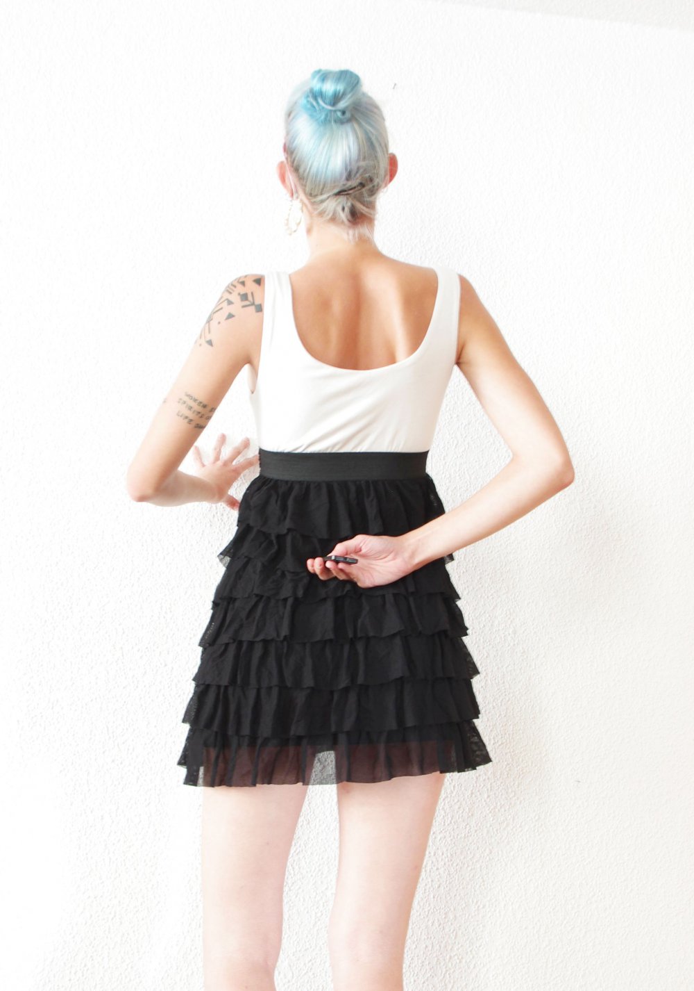 Schwarz weißes Cocktailkleid Gr. S M 38 Mesh Rüschen Shirtkleid Glitzer