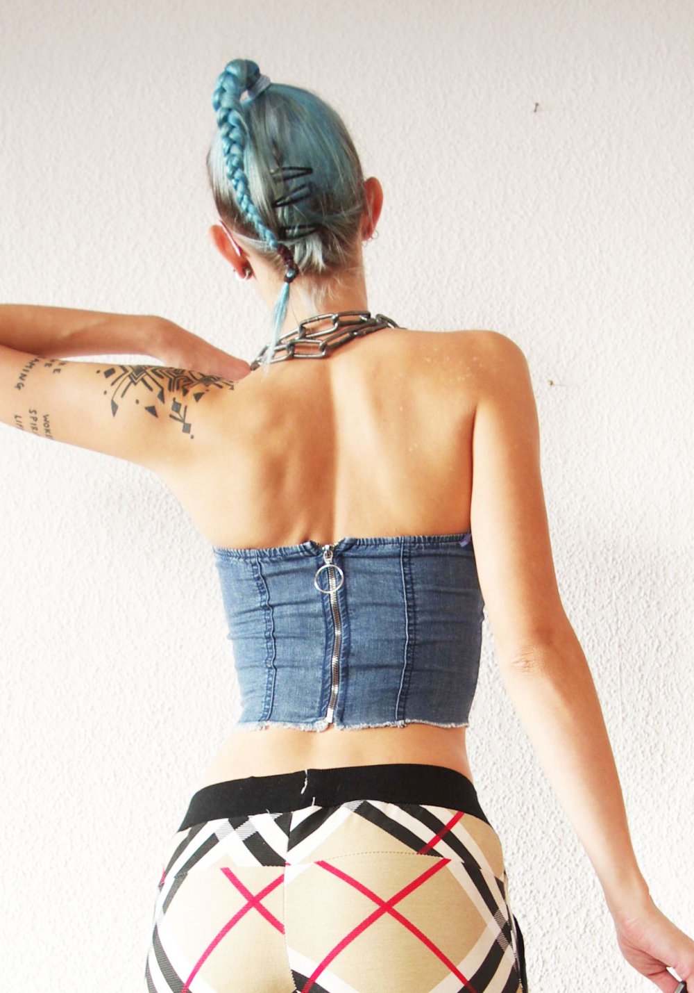 Technobarbie Jeans Croptop Gr. M 38 40 bauchfrei Bustier Bralet Dollskill Nasty Gal
