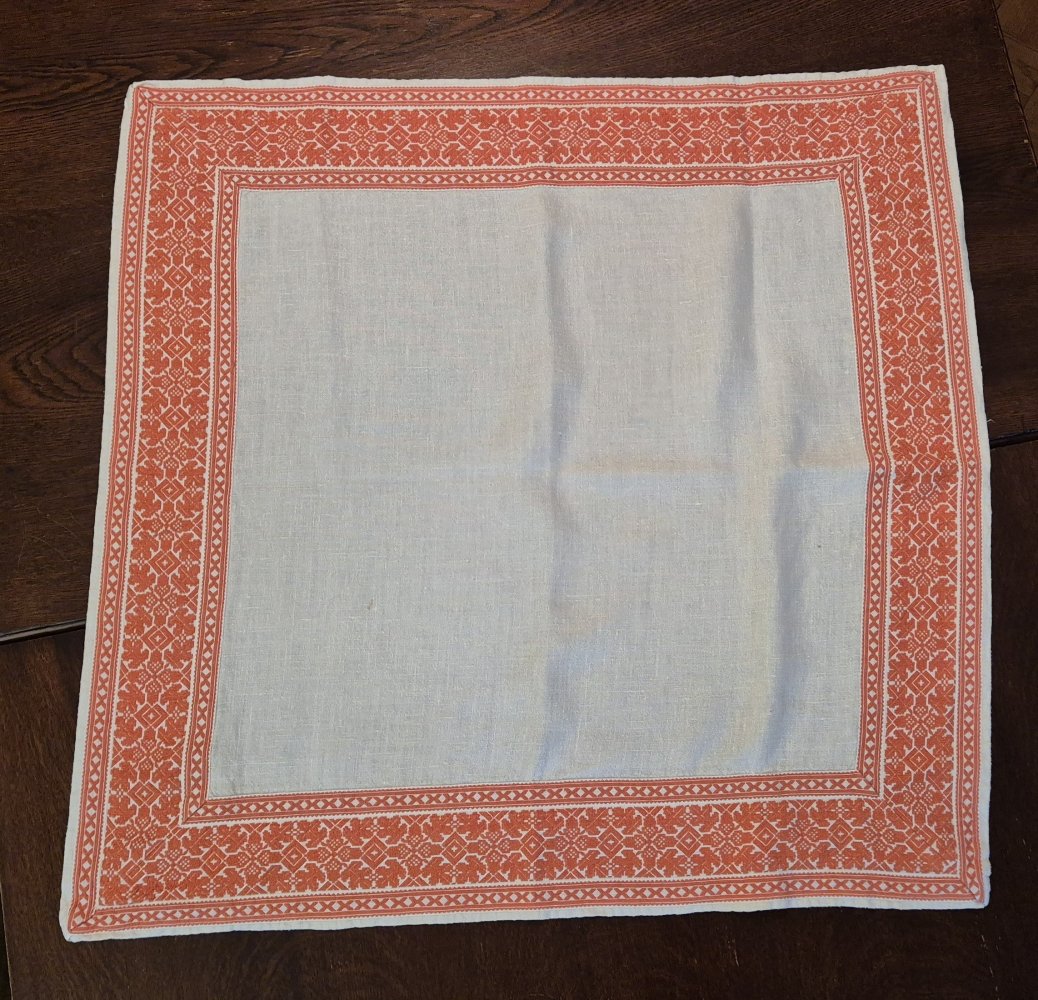 Tischdecke alt Stickerei vintage weiß orange74 x 77 cm