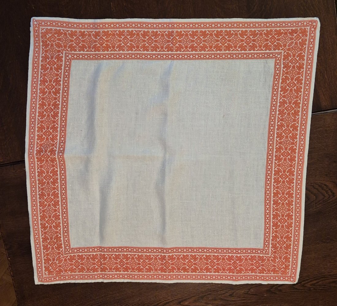Tischdecke alt Stickerei vintage weiß orange74 x 77 cm