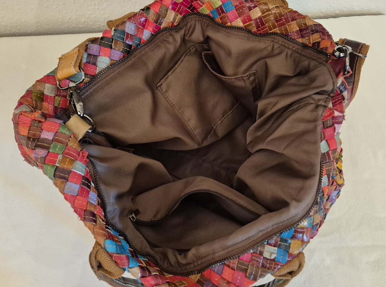 Haldtasche Umhängetasche bunt Leder geflochten