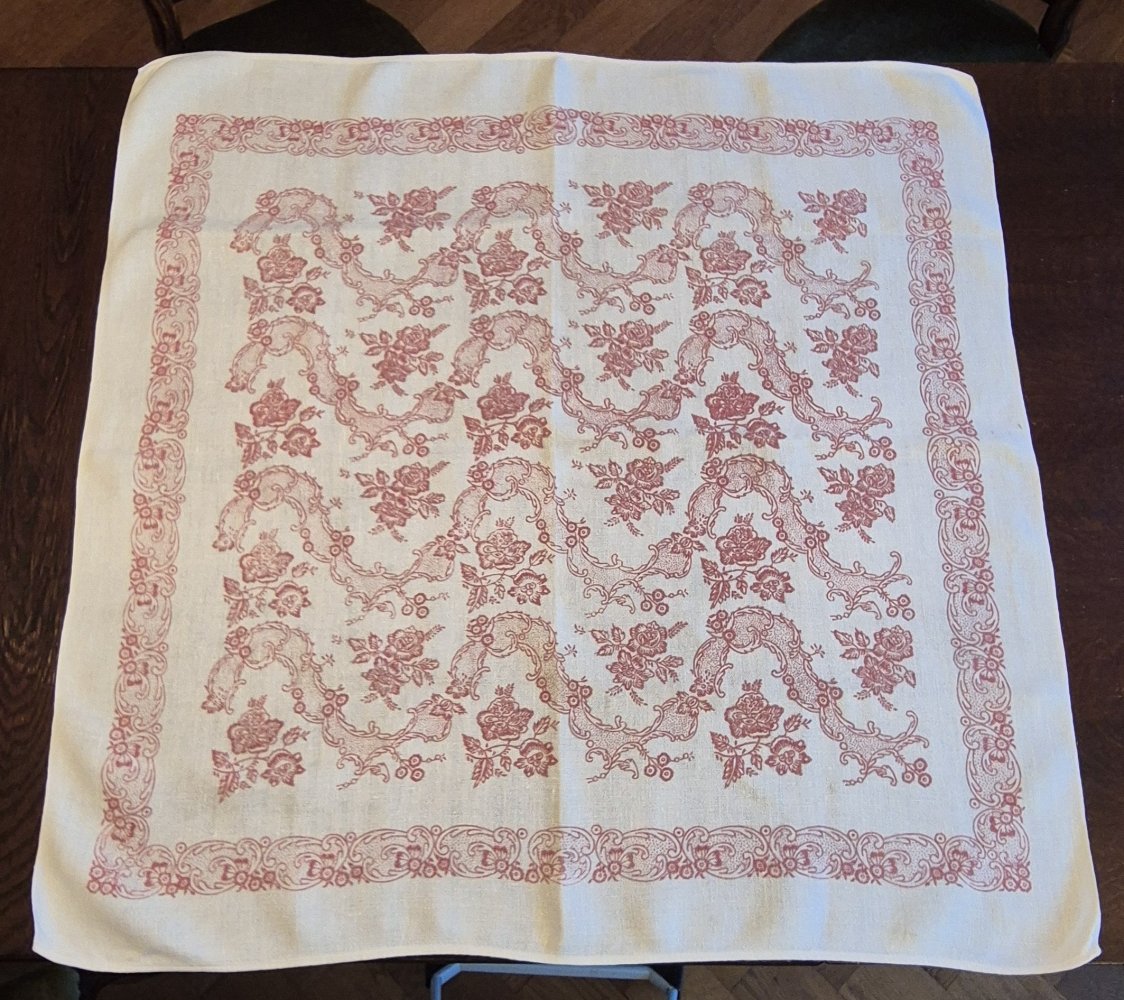 Tischdecke alt bedruckt weiß rot 101 cm x 99 cm vintage