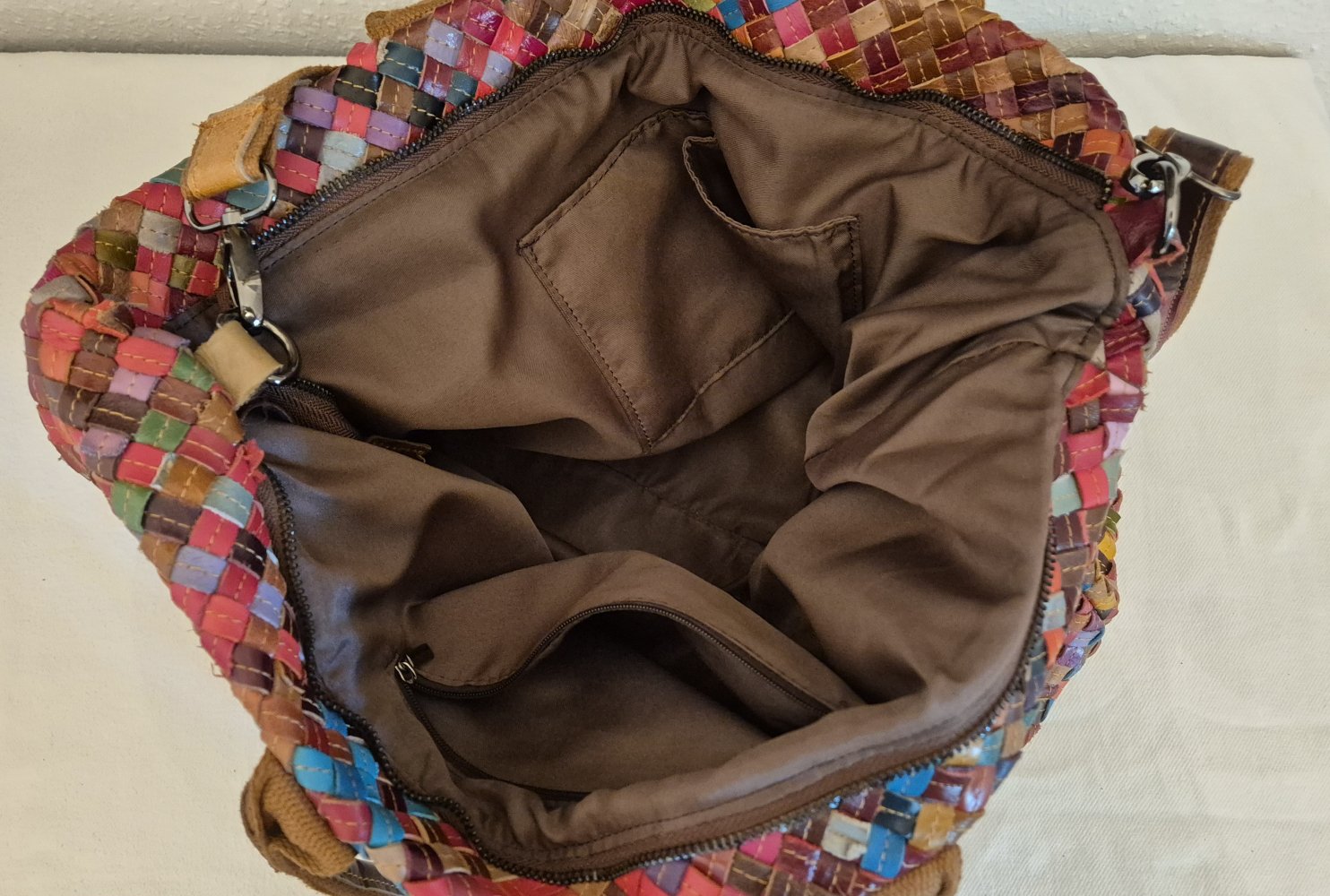 Haldtasche Umhängetasche bunt Leder geflochten