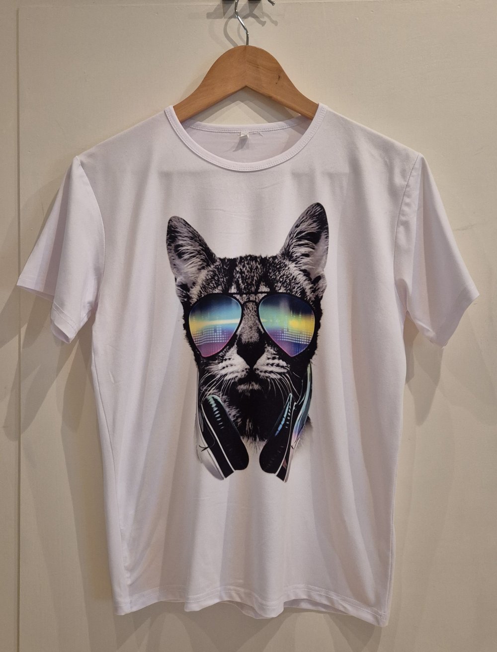 T-Shirt Katze mit Sonnenbrille und Kopfhörer weiß Gr M