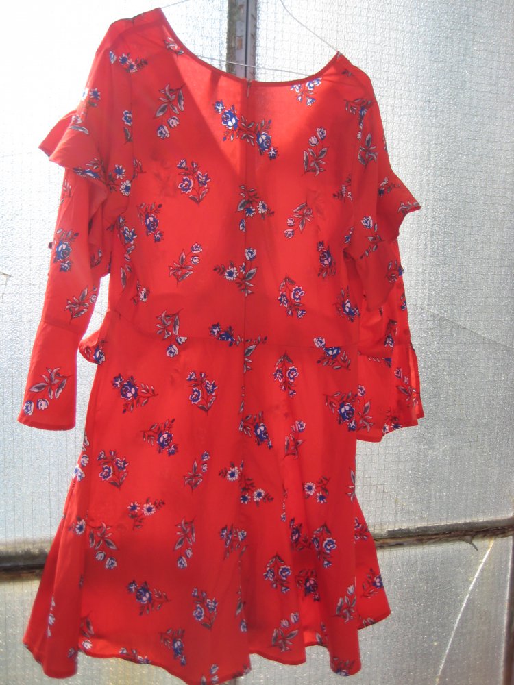 Wunderschönes rotes Kleid mit blauen Blüten und vielen Details! rot, weiß, blau, asos, sommer, frühling, influence, volant, tailliert, trompetenärmel, edel, schick, verspielt,