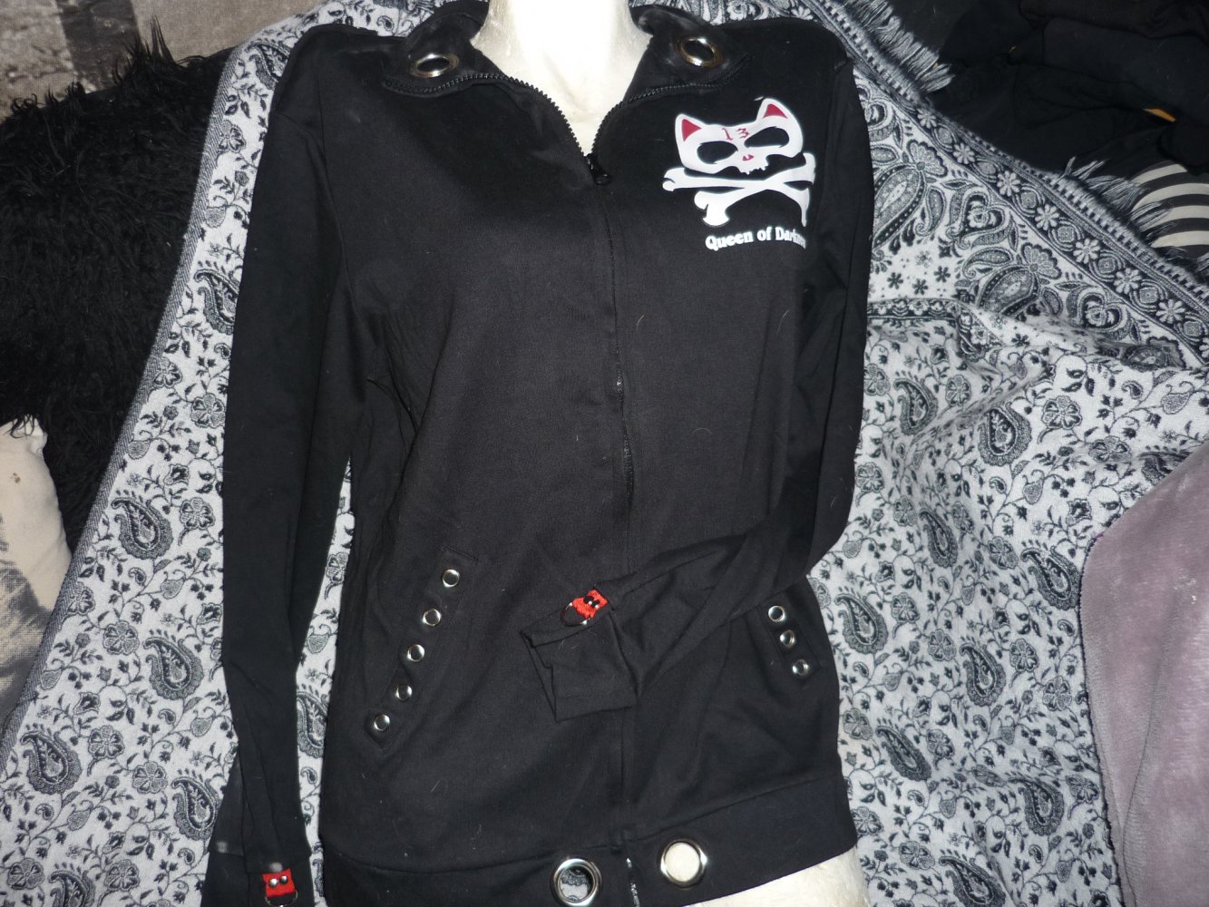 Gothic Punk Queen of  Darkness Jacke mit Katzenprint vorne und hinten Gr. XL