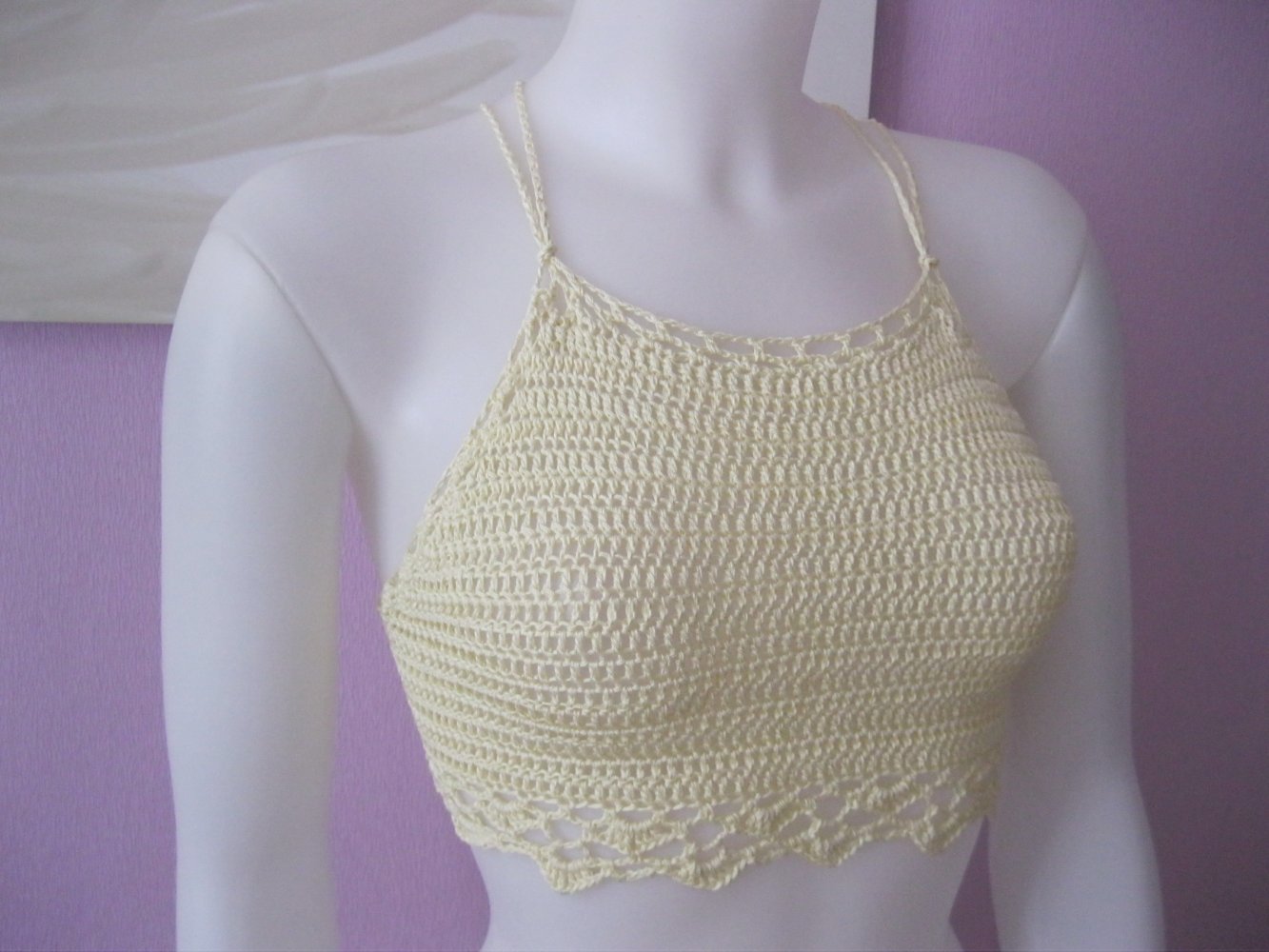 NEU Crop-Top Spitze 100% Baumwolle Beige Handmade S-L