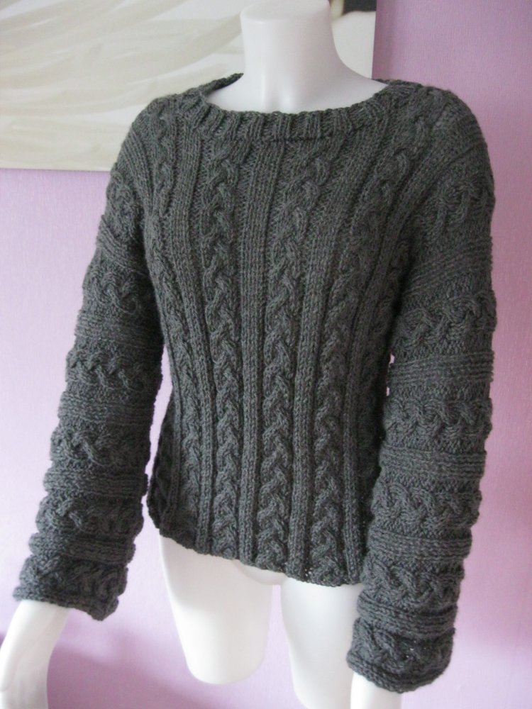 NEU Strickpulli Handmade Zopfmuster Langarm grau S-L