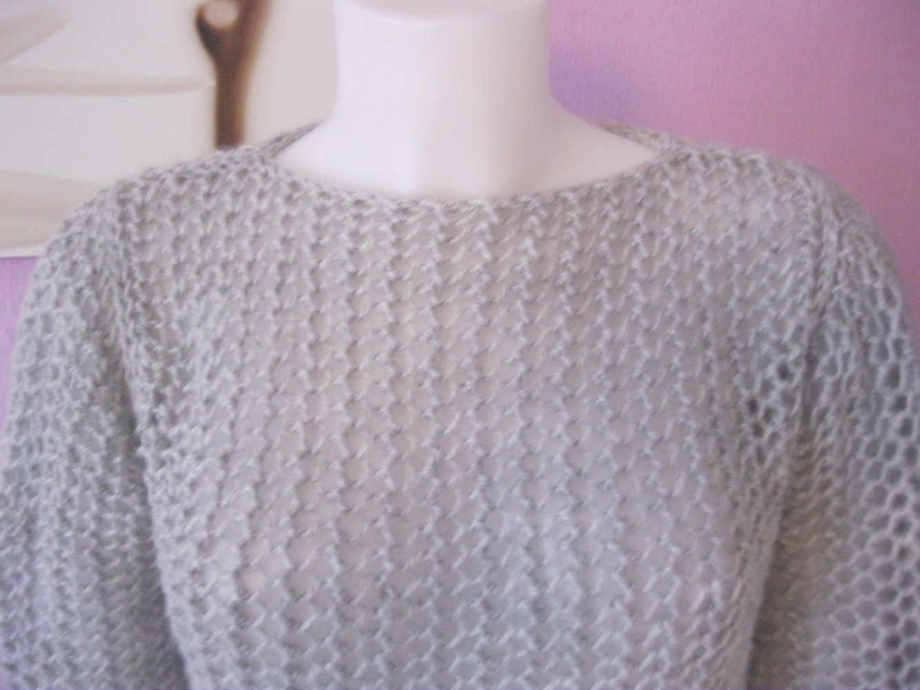 NEU Kurzpullover Handmade Netzmuster Mohair-Optik Silbergrau M-L