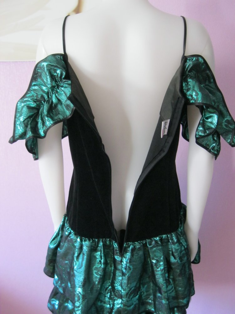 Höpfner Jeunesse # Abendkleid # 70er Jahre # Vintage # Metallic-Grün/Schwarz # 42 (XL)