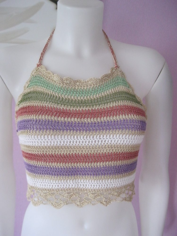 NEU Neckholder-Top gestreift 100% Baumwolle beige/bunt M-XL 