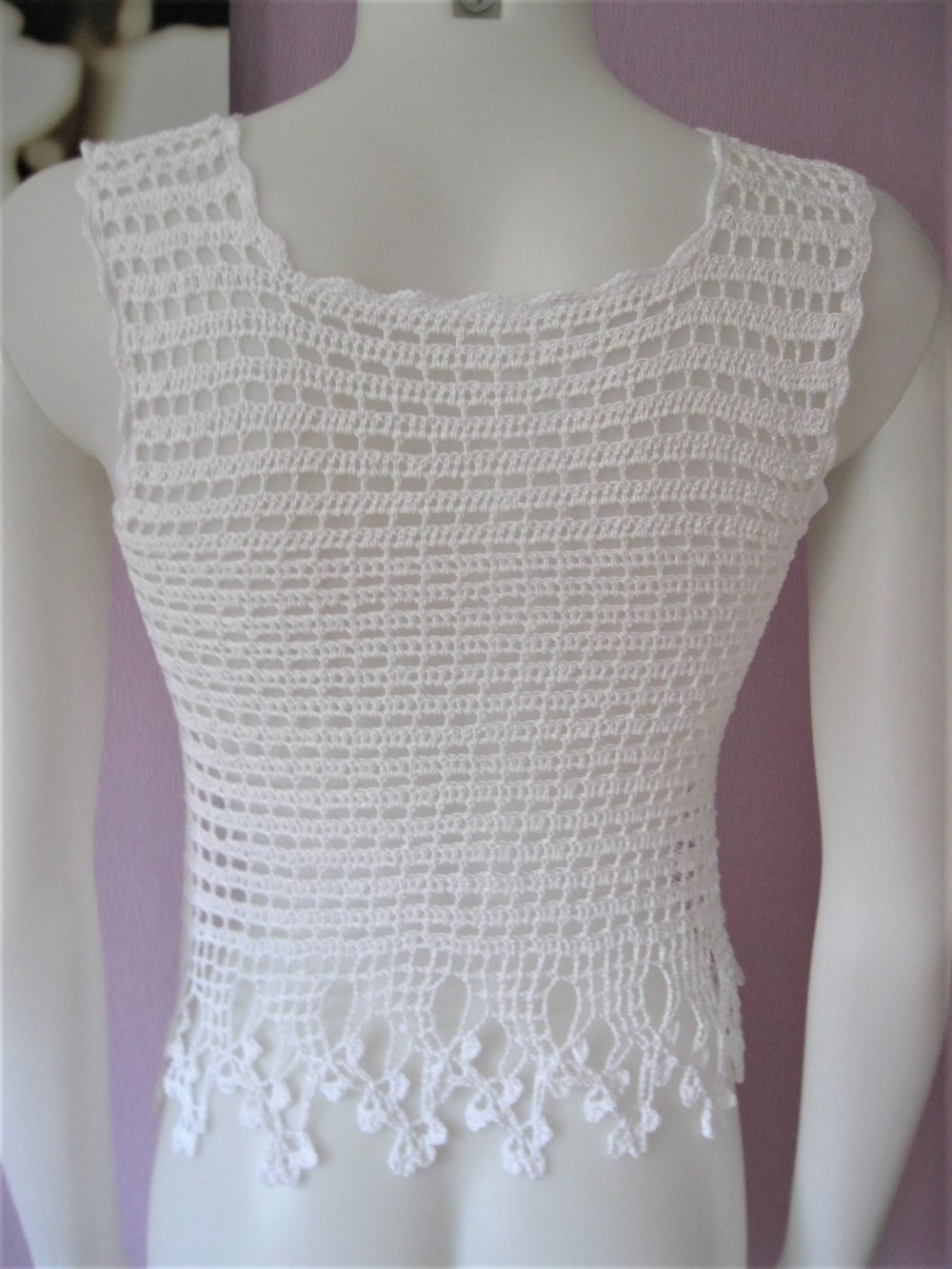 NEU Top gehäkelt Trägerhemd Handmade 100% Baumwolle Weiß S/M
