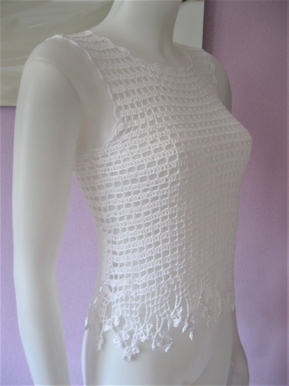 NEU Top gehäkelt Trägerhemd Handmade 100% Baumwolle Weiß S/M