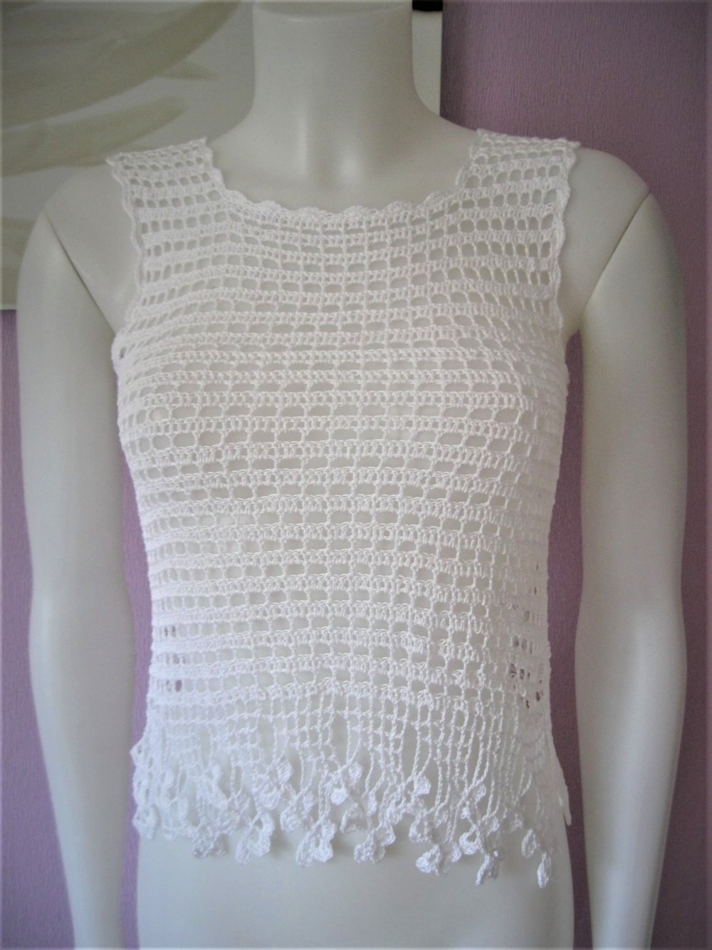 NEU Top gehäkelt Trägerhemd Handmade 100% Baumwolle Weiß S/M