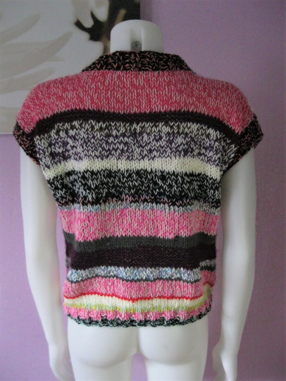 NEU Regenbogen Strickpullover kurzärmlig bunt gestreift Handmade Schurwolle/Acryl Einheitsgröße