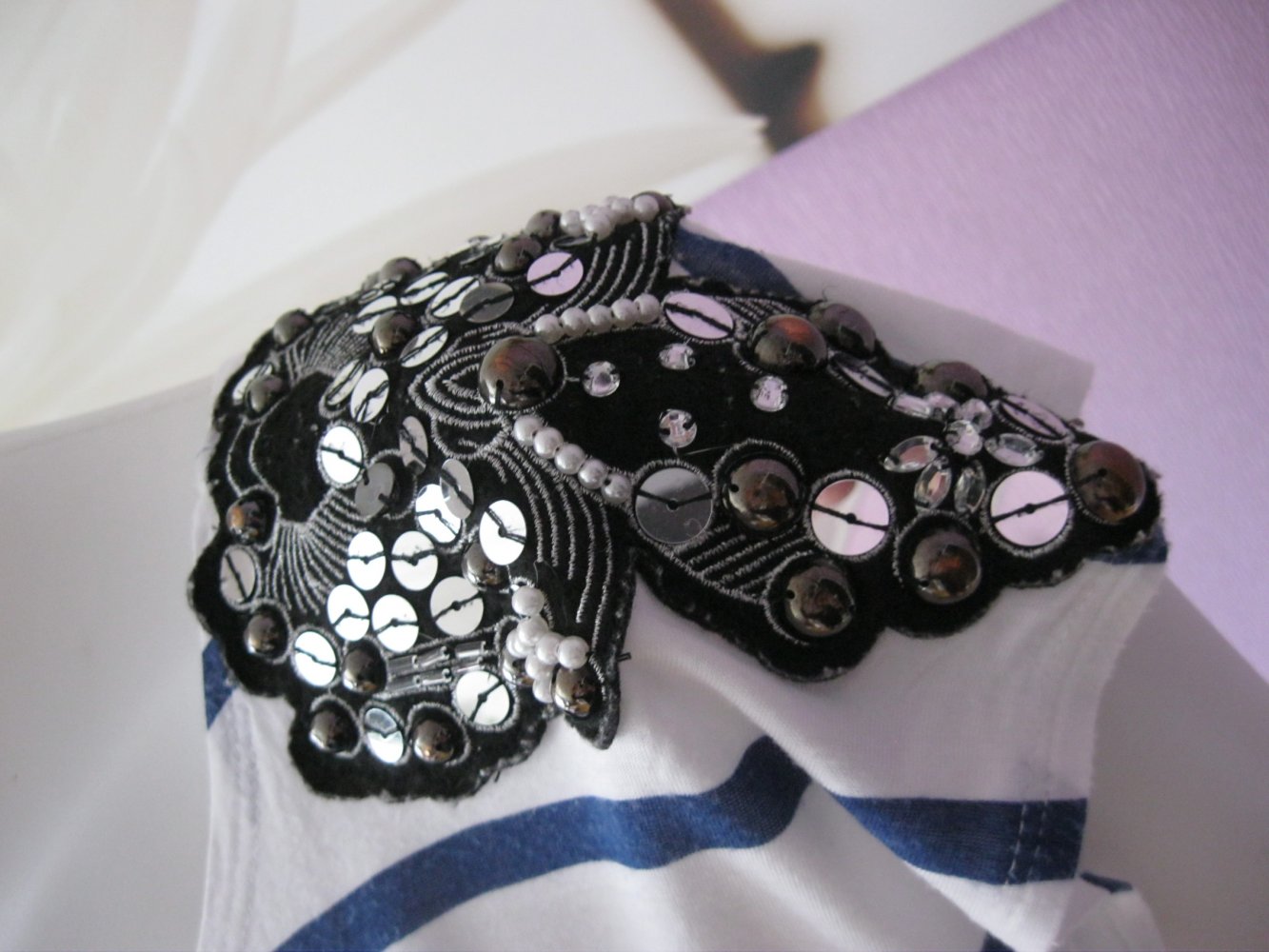 Long-Shirt # Kurzarm # H&M # gestreift # Blau/Weiß # Strass/Nieten/Perlen # 34