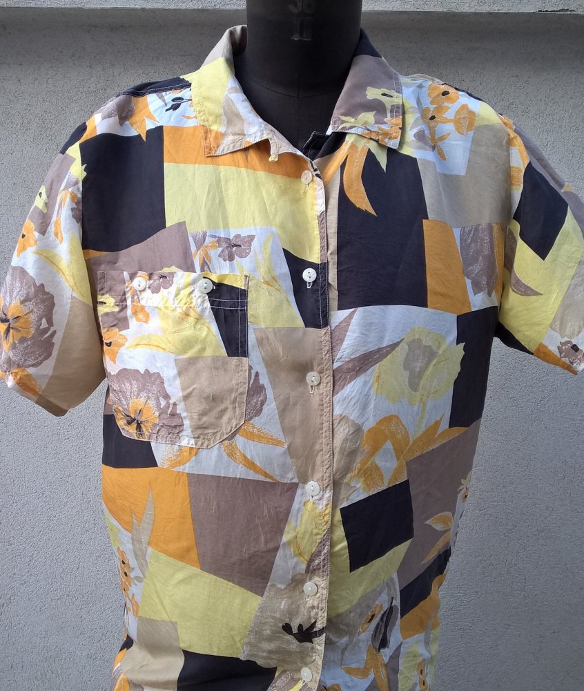 SEIDENBLUSE True Vintage Kurzarm Gr. 40 in gelb schwarz braun weiß Blumenmuster geometrisch