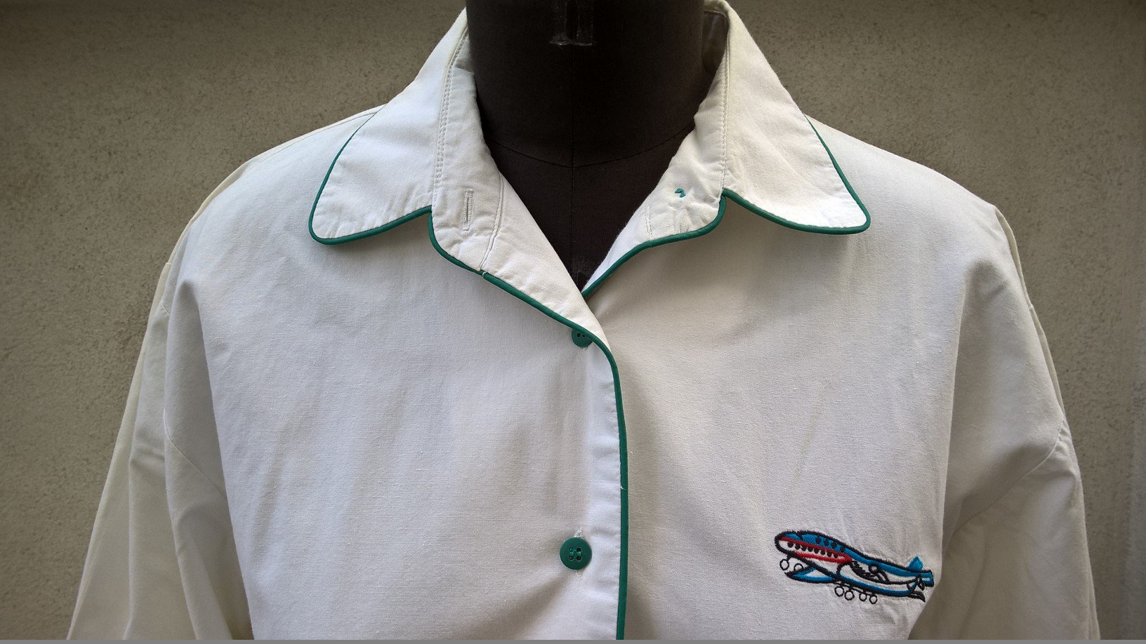 BLUSE Gr.36 IN WEISS LANGARM mit STICKEREI FLUGZEUG 70er TRUE VINTAGE