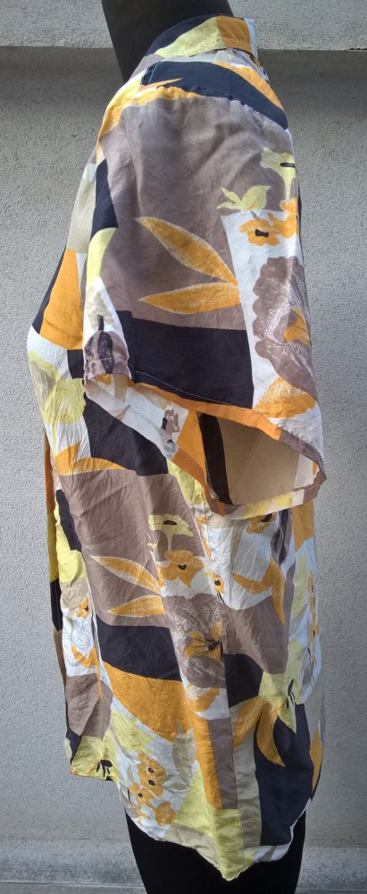 SEIDENBLUSE True Vintage Kurzarm Gr. 40 in gelb schwarz braun weiß Blumenmuster geometrisch