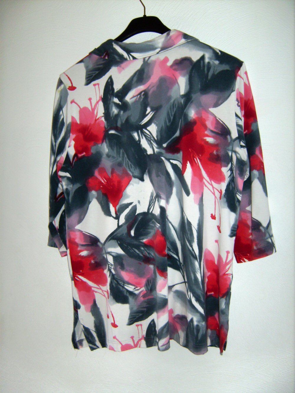 Shirt Oberteil, True Vintage, Hemdbluse, T-Shirt Halbarm Oversize, XL, Tunika Creativ Batik-Print, Blumen magenta-grau Jersey