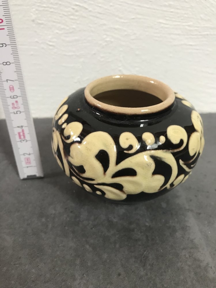 Kugelvase klein Tongefäß Deko Stiftebox Schreibtisch Deko 80ies Retro Unikat Bicolor bemalt Studiovase klein