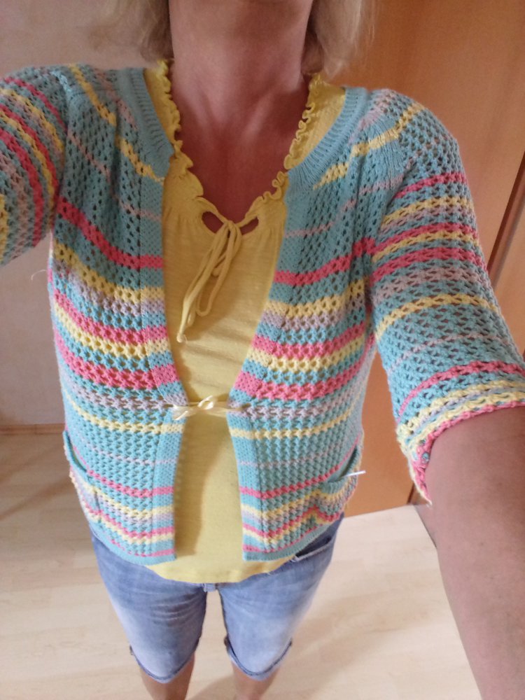 Weste Halbarm Jacke Cardigan Bolero Überzieher Bohemian Festival Strickweste bunt Lace Einheitsgröße Seventies Strickjacke 38-44 bunt Bolero 