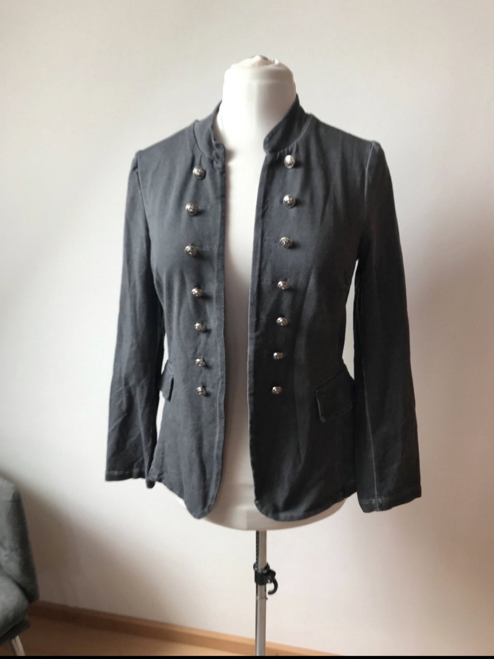 Blazer Jacke Jersey Grau 40 Oilwashed tailliert Usedlook Military Style offen Cape Italy Kimono Jacked Westenjacke 