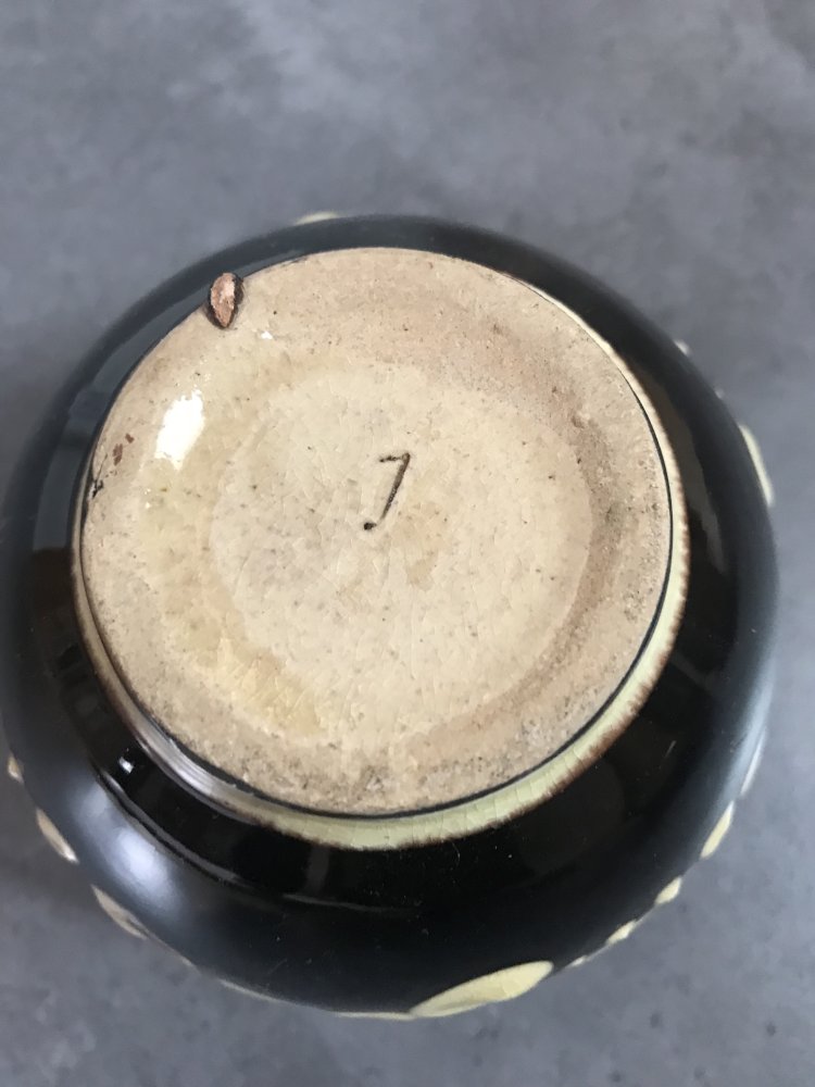 Kugelvase klein Tongefäß Deko Stiftebox Schreibtisch Deko 80ies Retro Unikat Bicolor bemalt Studiovase klein