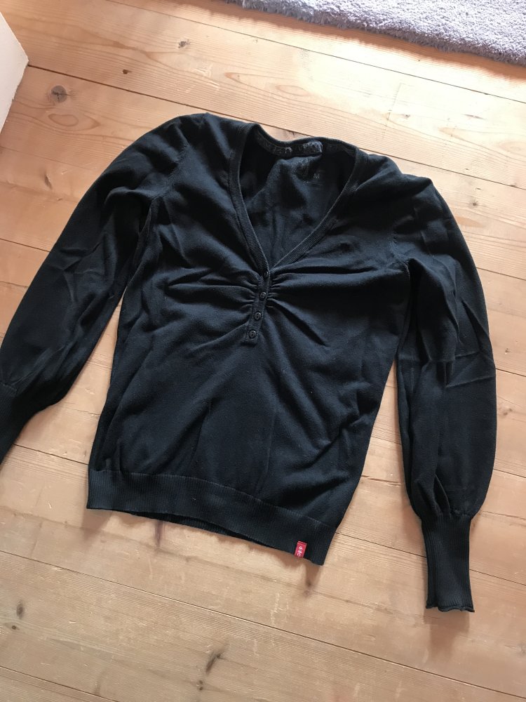 Pullover Feinstrick Esprit Baumwolle V-Ausschnitt Detailverliebt Oberteil edc schwarz M 38/40