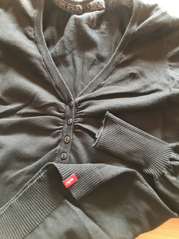 Pullover Feinstrick Esprit Baumwolle V-Ausschnitt Detailverliebt Oberteil edc schwarz M 38/40
