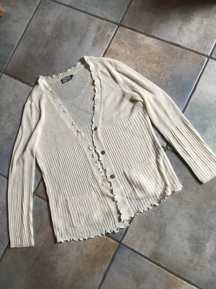 Strick Weste Cardigan Strickjacke Retrodesign Hellbeige L Rippstrick Volants Langarm Überzug V-Ausschnitt Wolljacke 