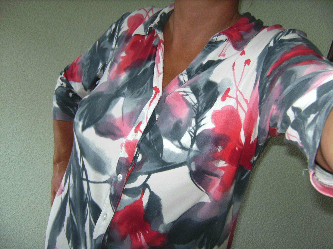Shirt Oberteil, True Vintage, Hemdbluse, T-Shirt Halbarm Oversize, XL, Tunika Creativ Batik-Print, Blumen magenta-grau Jersey