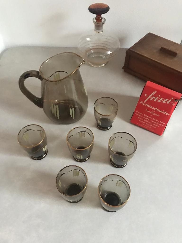 Krug Glas Henkelkrug 60s Rauchglas Set Motiv Ähre Midcentury Deko Bauhaus Aerea Cottage rare Karaffe Antik