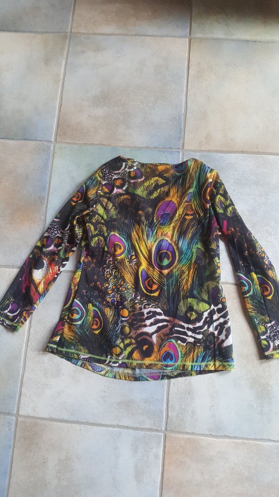 Tunika Oberteil Pfauenauge M Boho Retro Blusentop Schlupfbluse Shirt V-Ausschnitt