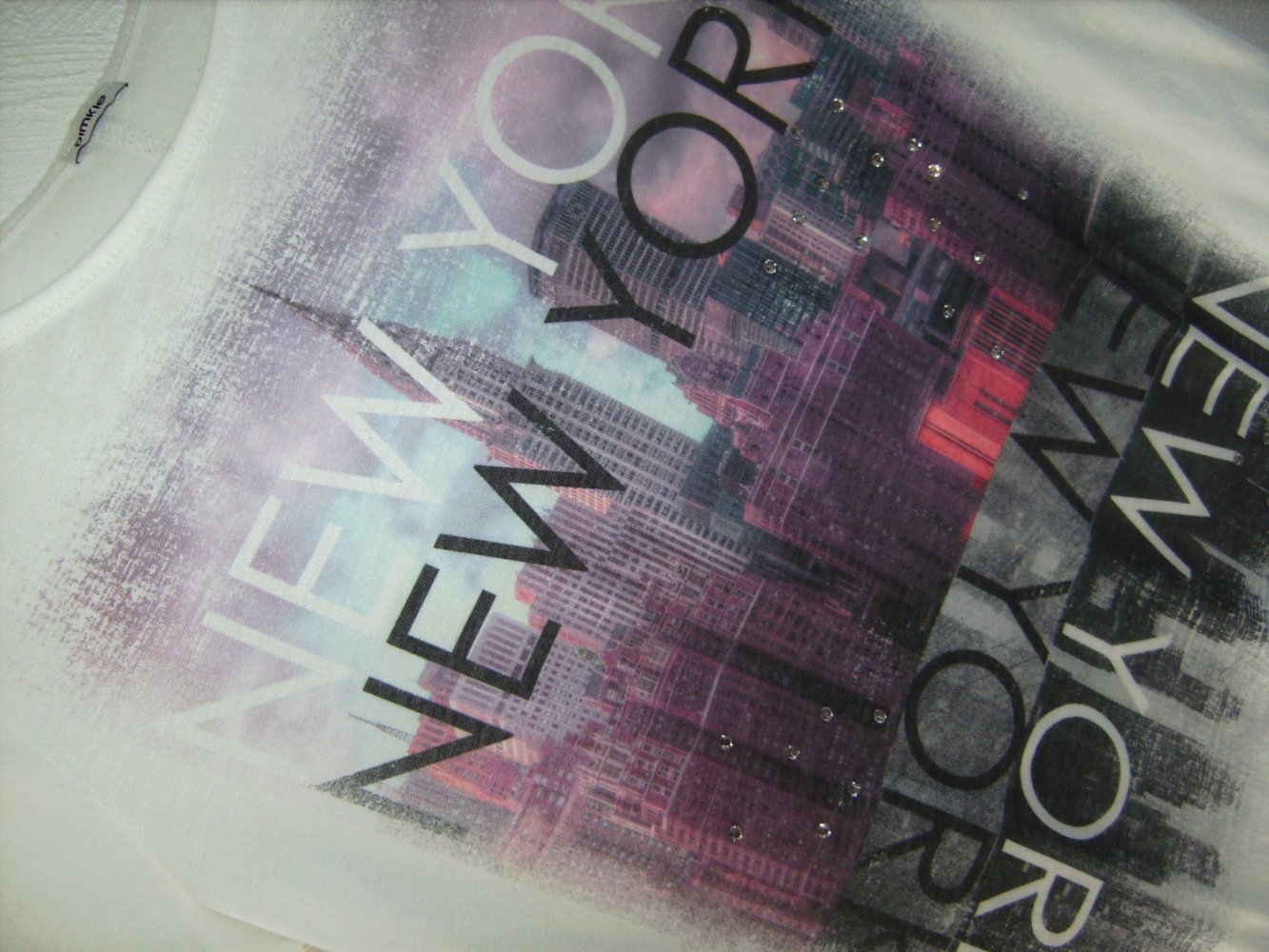 Shirt New York XS/S T-shirt Printdruck Glam Inprint Fotodruck Skyline 36/38 weiß semitransparent Kurzarm Fotoprint by Night