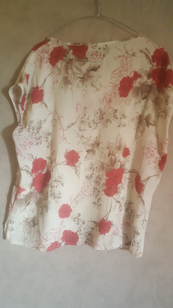 Ärmellose Bluse,  Tunika, Oberteil, Shabby Top Krinkle Blütenprint Gr 44, Rose  Pfingstrose,Hibiscus