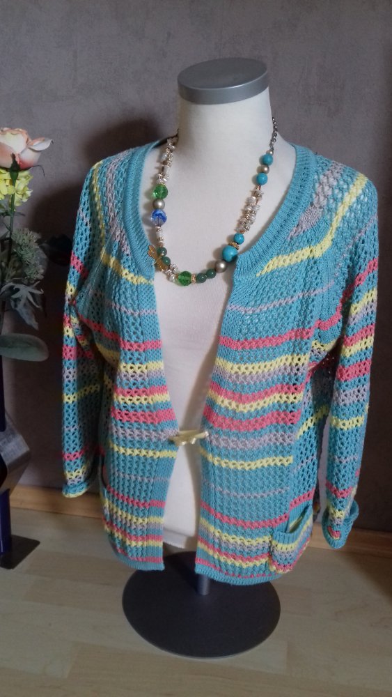 Weste Halbarm Jacke Cardigan Bolero Überzieher Bohemian Festival Strickweste bunt Lace Einheitsgröße Seventies Strickjacke 38-44 bunt Bolero 