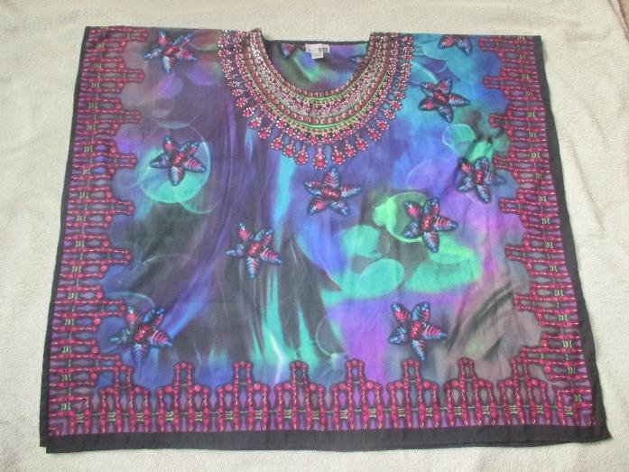 Aquarell * Blumen * Blüten * Glitzer * Strass- Kristalle * Seiden- Satin * Strand * Überwurf * Poncho * Tunika 