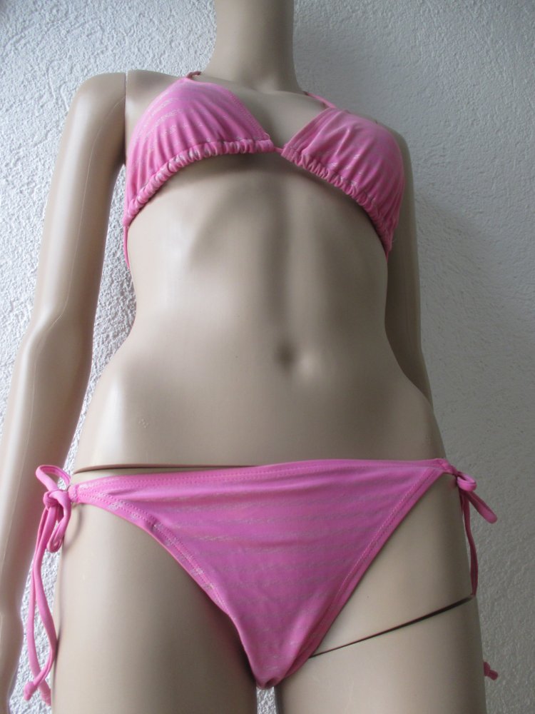 NEUw * Edel * DESIGNER * Lurex- Glitzer * Streifen * Neckholder * Triangel * Bikini * Gr. 38- 40/ S- M * 75B * Barbie * pink * silber *