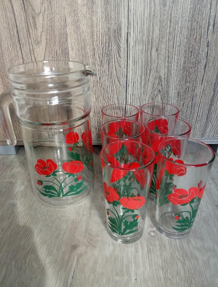 Karaffe+ Gläser Mohn rot Vintage 70's 