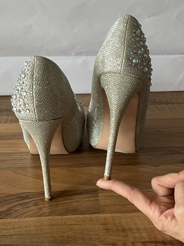 Fabulicious Super High Heels (12cm) Gold Glitzer mit Regentropfen / Perlen DekorGr.38 Model Destiny