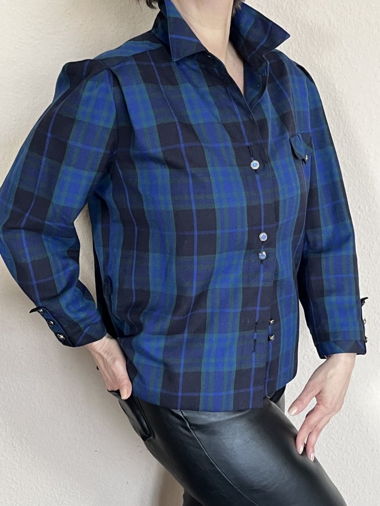 Delmond Vintage Hemdblusen Jacke Gr.42 kariert mit Doppelbuttons tolles sattes Blau 